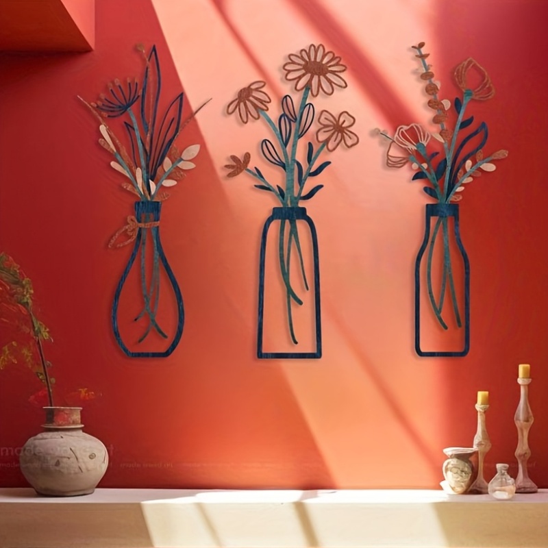 Interior Design Home Decor - ประติมากรรมติดผนังลายดอกไม้ขนาดใหญ่ 3 ชิ้น - ของตกแต่งบ้านสไตล์โมเดิร์นฟาร์มเฮาส์, ดีไซน์แจกันแขวนสุดหรู,