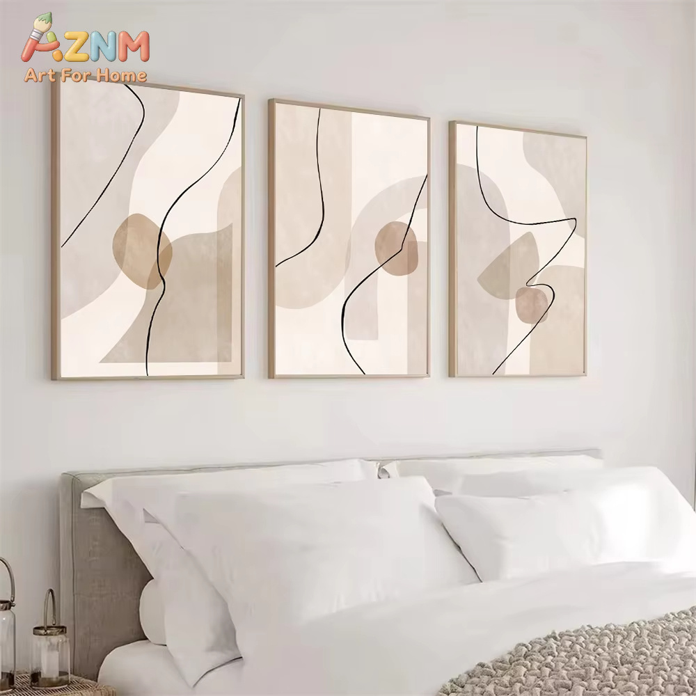Interior Design Home Decor - ภาพวาดลายเส้นเรขาคณิตสีเบจแบบนามธรรมบนผืนผ้าใบ ภาพพิมพ์โปสเตอร์สไตล์โบโฮ ของตกแต่งภายในบ้านสมัยใหม่สำหรับห้องนั่งเล่น
