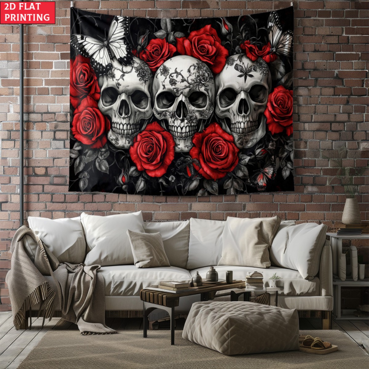 Interior Design Home Decor - ผ้าแขวนผนังลายหัวกะโหลกและดอกกุหลาบสไตล์โกธิค ศิลปะดาร์กอาร์ต ตกแต่งผนังสไตล์พังก์ร็อก สำหรับตกแต่งภายในบ้าน ลายโครงกระดูกดอกไม้สีดำแดง