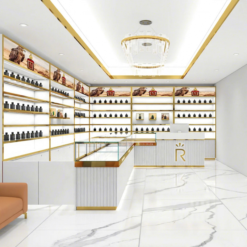 Interior Designer - การออกแบบตกแต่งภายในร้านน้ำหอมสมัยใหม่พร้อมชั้นวางและเคาน์เตอร์แสดงสินค้าแบบกันน้ำที่สั่งทำพิเศษ