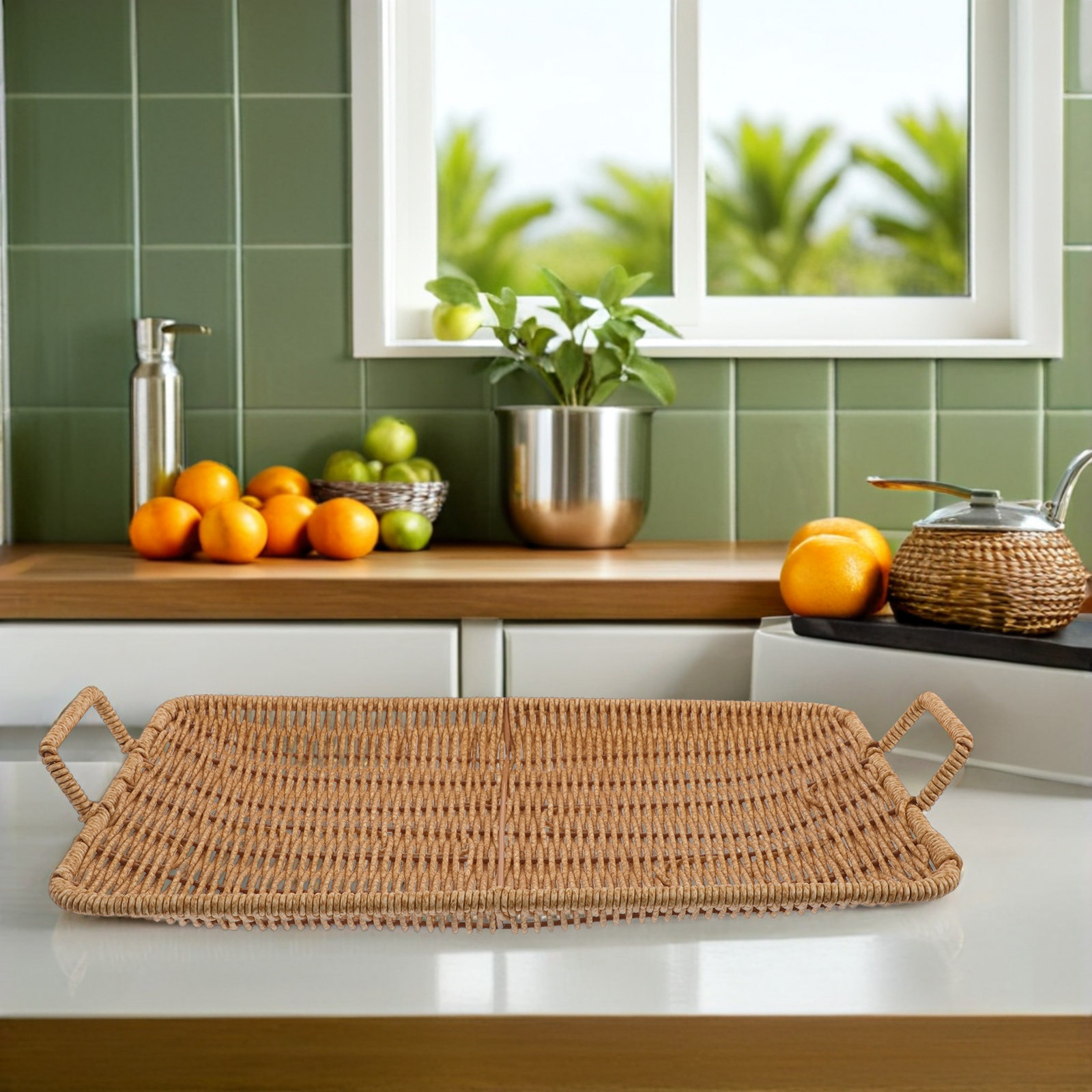 ตะกร้าพลาสติกทรงสี่เหลี่ยมผืนผ - Rattan Tray Handle บทวิจารณ์และราคา
